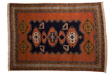 Meshkin carpet with finned medallions, birds, dusty sandalwood and navy blue, 7'5