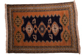 Vintage Ardebil carpet, navy and sandalwood, finned contour medallions, 7'5