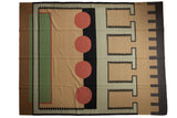 Vintage Indian Contemporary Kilim rug with abstract geometric patterns in beige, green, red, and black.