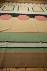 Contemporary Indian Kilim rug with abstract striped design in mallard green, cherry red, and bronze.