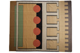 Vintage Indian Contemporary Kilim rug features abstract geometric shapes in beige, green, cinnabar, and black, 8'2