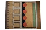 Vintage Indian Contemporary Kilim carpet with abstract geometric design, terracotta circles, beige, green, and black.