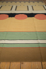 Abstract contemporary Indian Kilim rug showing cinnabar circles, mallard green, and ivory stripes.