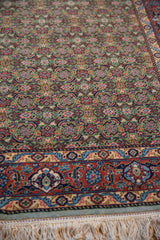Clean cream fringe, intricate brick red, sky blue, ivory border, and green Herati field.