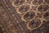 Plush wool Bokhara rug detail: camel, copper, navy gul medallions and border.