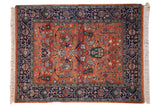 Vintage Indian Bijar design rug: rust field, allover scrolling rose floral motif, navy vine border, 5'1
