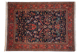 Vintage Indian Bijar carpet with navy gul ferang floral field and deep brick red meandering border.