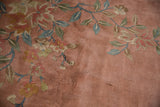 Soft, plush pile of a Japanese Art Deco carpet showing sprawling foliage in pastel colors.