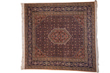 Vintage Ardebil square carpet, navy blue and apricot Herati field, hexagonal medallion, 7'4