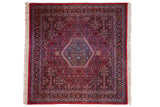 Vintage Indian Bijar square carpet: raspberry red, central medallion, Herati motif, navy blue, 5'11