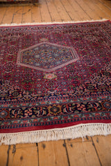 White fringe and detailed navy blue, raspberry red border of the Indian rug.