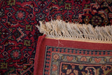 Cream fringes and red selvage on the tightly woven back of a vintage Indian rug.