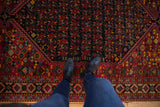 Vintage Afshar carpet with a red geometric border framing a dense black floral field.