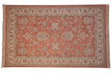 Hand woven Indian Mahal rug, pale terracotta field with ivory border, floral palmettes.
