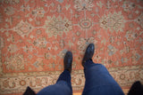 Hand woven Indian Mahal rug: pale terracotta field, ivory, slate blue floral palmettes.
