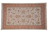 Indian Mahal carpet with ivory field and terracotta quatrefoil floral palmettes, 5x8.