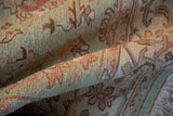 Rolled hand-woven Indian Mahal carpet pile, with seafoam, terracotta floral palmettes.