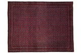 Super fine vintage Beljic rug with an intricate floral gul pattern in red and charcoal.