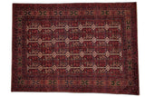 Cherry red and charcoal navy Pakistani Belouch rug with intricate stylized vinery patterns.