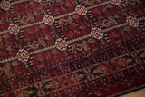 Intricate Pakistani Belouch design with intertwined vinery, botehs, cherry red, navy, beige.