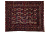 Pakistani Belouch rug, geometric botehs and vinery in cherry red, charcoal, beige. 5'1