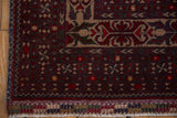 Hand-knotted Pakistani Belouch rug corner, cherry red geometric borders, striped kilim end.
