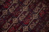 Intricate hand-knotted Belouch rug pattern with cherry red, navy, and beige channels, detailed botehs.