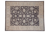 Hand-knotted Peshawar rug with floral palmettes in ivory and powder blue over a charcoal field with a beige border.