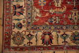 Bold red and sapphire blue palmette, geometric border on a Pakistani Caucasian rug.