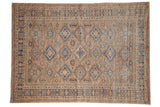Hand-knotted Pakistani Caucasian design carpet with geometric patterns in blue on a beige-sand field. 5'10