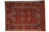 Pakistani Turkmen design rug, detailed geometric weave in cherry red, deep indigo, ivory. 5'3