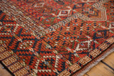 Detailed geometric border and pattern of the Turkmen design rug, featuring side cord.