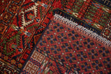 Close-up of tight hand-knotted back, secure selvage, and geometric red and blue pile.