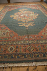 Serapi rug border showing terra cotta, dusty teal geometric and serrated leaf motifs, with fringe.