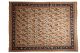Vintage Serapi Indian Soumac rug, ivory field, allover terra cotta floral vines, navy border, 9'2