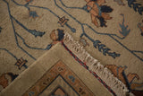 Vintage Indian Soumac rug corner with hand-knotted pile, natural fringe, and Serapi vine pattern.
