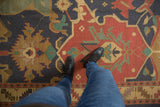 Vintage Indian Soumac rug detail with oversized Samovar and lotus motifs in madder red, blue, and teal.