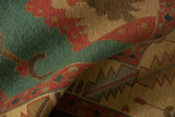 Hand woven Soumac texture with teal geometric arabesques and red serrated leaf border.