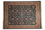 Vintage Serapi Indian Soumac carpet, intricate vinery palmette design, dusty navy blue and blush tones.