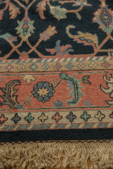 Hand woven Indian Soumac carpet fringe and dusty blush border featuring blue palmettes.