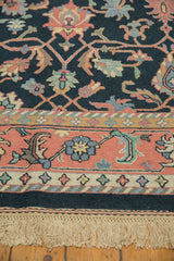 Natural ivory fringe and dusty blush border of the vintage Indian Soumac rug.