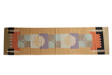 Abstract pinwheel Kilim runner in sand, blue, madder red, and black, 3x12.