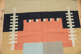 Contemporary Kilim runner: abstract geometric detail showing madder root red, blue, and stepped pattern.