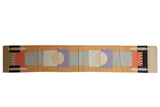 Vintage Contemporary Kilim runner, abstract layered geometric shapes in sand, light blue, purple, and red.