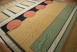 Playful vintage Contemporary Kilim rug with interlocking terra cotta circles and geometric forms.