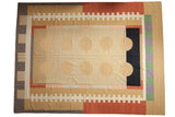 Vintage Contemporary Kilim carpet with geometric circles, ivory-beige field, brick red, charcoal borders.