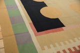 Contemporary Kilim with charcoal rectangle, sand circle, madder red band, and green-grey stripes.