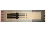 Vintage contemporary Kilim runner featuring abstract black staggered lines on ivory and gray geometric patterns, 4x15'7