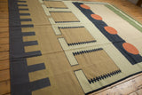 Contemporary Kilim with abstract interlocking patterns in sand, dark blue, and madder root red.