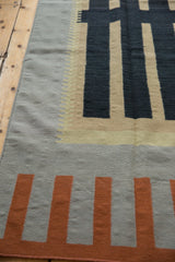 Abstract modern Kilim runner showcasing staggered charcoal, sand, and madder root red blocks.